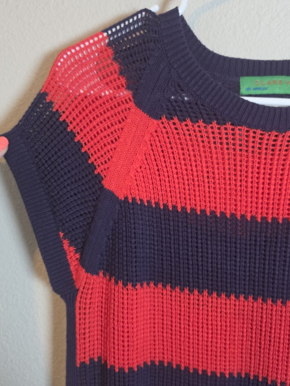 ​Clare V. Raglan Open Weave Sweater Vest Small Navy & Poppy Stripe Preppy - Picture 5 of 8